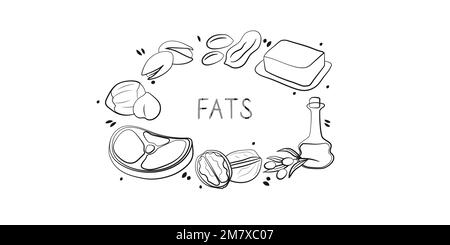 Fats-containing food. Groups of healthy products containing vitamins and minerals. Set of fruits, vegetables, meats, fish and dairy Stock Vector