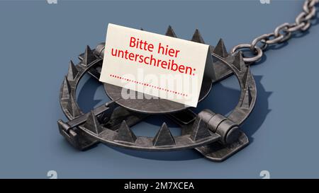 A trap with the German text 'Bitte hier unterschreiben' (Please sign here) Stock Photo