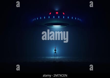 Alien standing underneath an flying saucer on gradient blue background. 3d illustration Stock Photo