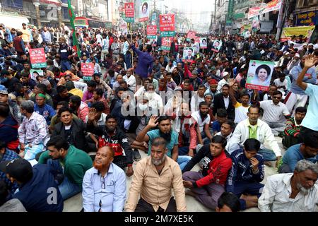 Dhaka, Dhaka, Bangladesh. 11th Jan, 2023. Bangladesh's main opposition party ''Bangladesh Nationalist Party'' (BNP) held public sit-in programs across the country including Dhaka on January 11 to demand 10-point demands, including the resignation of the Awami League government, dissolution of parliament and elections under a non-partisan neutral caretaker government. The party's general secretary Mirza Fakhrul Islam Alamgir spoke as the chief guest at the program. He was released on bail on January 9 after spending 31 days in prison. Credit: ZUMA Press, Inc./Alamy Live News Stock Photo