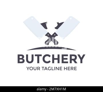 Butcher shop. Crossed Cleaver. Crossed meat knives. Meat cleaver logo design. Fresh Beef, Pork for barbecue, steak house, grill, butchery and meat. Stock Vector