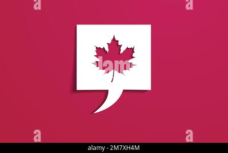 Speech bubble with paper cut maple leaf. Viva Magenta. Stock Vector