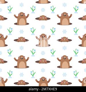 Seamless pattern with cute cartoon marmot, snowflake and flower. Vector illustration Stock Vector