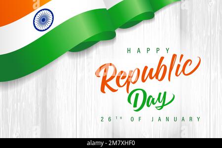 Happy Republic Day with Indian flag on wooden plank. 26 January, Republic Day of India calligraphy for greeting card or poster design. Vector card Stock Vector