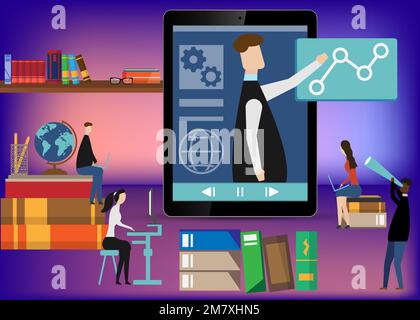 Online learning. E-learning webinar presentation concept. teacher businessman. Flat design isolated on white background. Vector illustration. EPS 10 Stock Vector