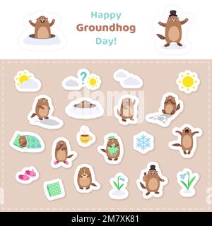 Big sticker pack with cute cartoon groundhog. Printable vector illustration Stock Vector