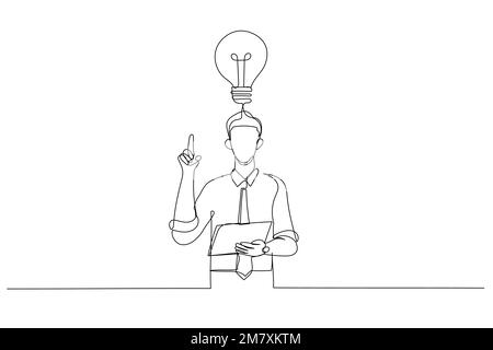 Drawing of astonish businessman finally found a solution how to make exercise having raised pen and notebook in hands. Continuous line art style Stock Vector