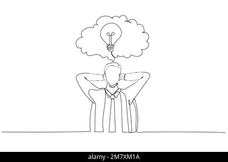Cartoon of businessman sitting in office chair in front of a wall with cloud thought. Single line art style Stock Vector