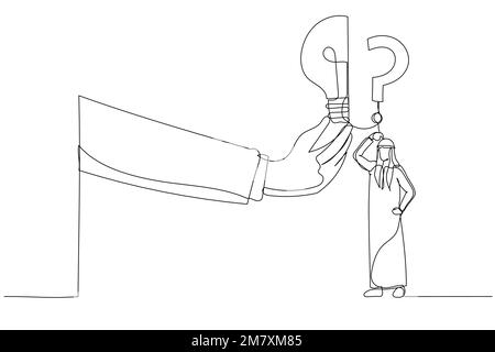 Drawing of arab businessman stand with question mark sign then helping hand put half of lightbulb lamp . Business problem. Single continuous line art Stock Vector