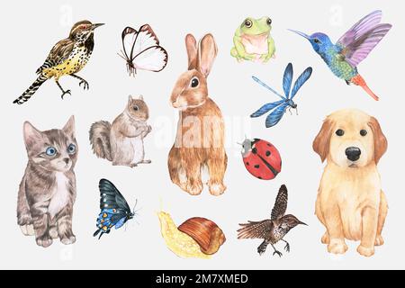 Cute watercolor animals and insects vector sticker set Stock Vector