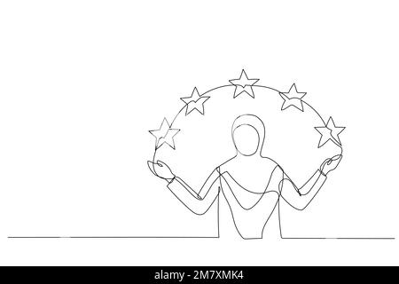 Illustration of muslim woman points to the stars. Metaphor for good customer review. Single continuous line art Stock Vector