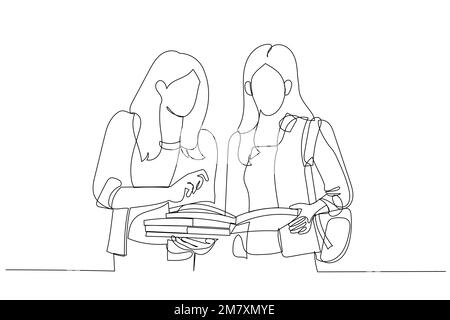 Drawing of two teen real girls in classroom want to study at university.  Single continuous line art style 16022600 Vector Art at Vecteezy