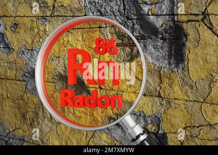 Magnifying glass focusing on the chemical symbol of Radon on broken concrete wall.The concept of hazards of radon gas releasing from wall Stock Photo