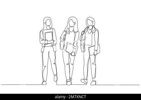Cartoon of group of female college students walking together. One line style art Stock Vector
