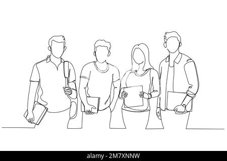 Illustration of group of college students or friends together standing in campus. Single line art style Stock Vector