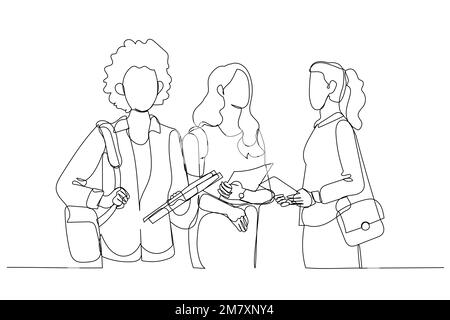 Cartoon of male student with group of young adults outdoor in city. Single line art style Stock Vector