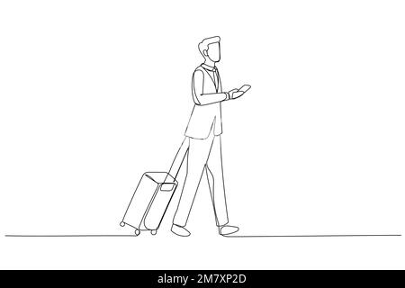 Drawing of young traveler businessman walk outside at international airport with suitcase. Single continuous line art style Stock Vector