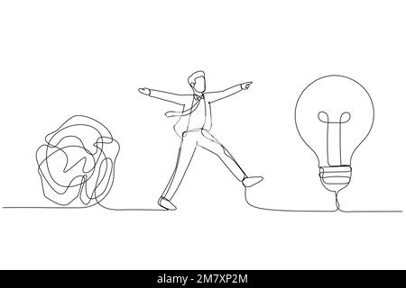 Cartoon of smart businessman walking away from mess chaos line to simple lightbulb idea. Simplify idea. One line style art Stock Vector