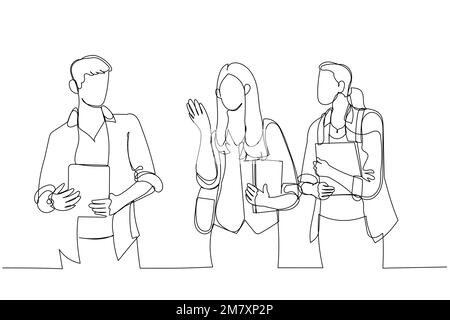 Drawing of group of friends standing and posing outdoor at university. Continuous line art Stock Vector