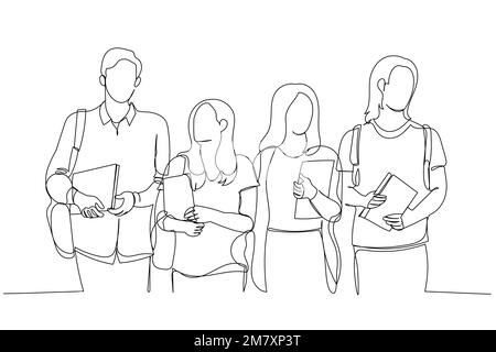 Cartoon of multiethnic group of happy young people walking outdoors. Single line art style Stock Vector