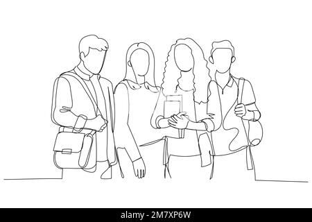 Drawing of college students standing, posing, and looking at camera, holding books. Continuous line art style Stock Vector