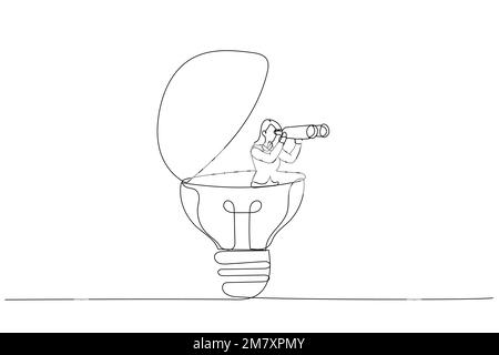 Drawing of businesswoman open lightbulb idea using binoculars to see business vision. Creativity to help. Single continuous line art Stock Vector