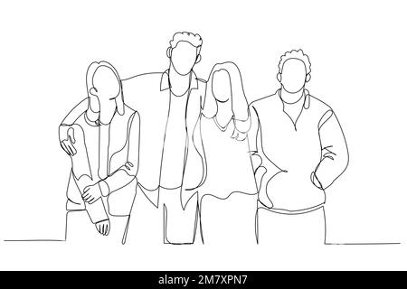 Drawing of group of young university students on campus standing together against wall in college. Continuous line art Stock Vector