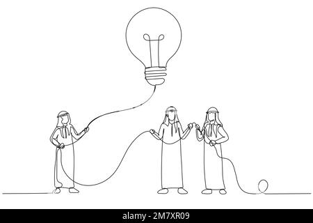 Cartoon of arab businessman holding lightbulb as kite. Imagination and creativity. One line art style Stock Vector