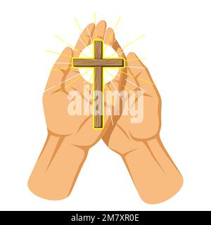 Christian illustration of hands holding cross. Happy Easter image. Stock Vector