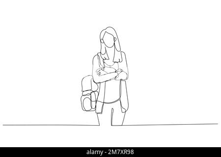 Drawing of college girl standing with backpack in his shoulder. Posing for publication. Single continuous line art Stock Vector