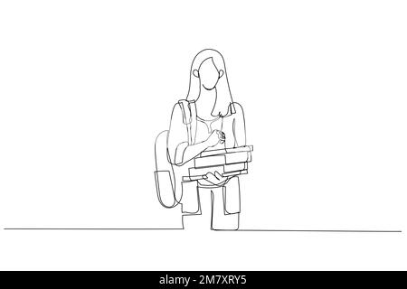 Illustration of girl student with backpack writing in a notepad while standing with books. Single line art style Stock Vector