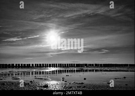 At sunset, the groynes jut into the sea. Taken in black and white. The sun shines on the Baltic Sea. Landscape from the coast Stock Photo