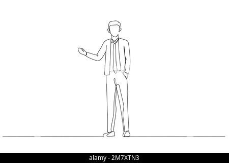 Illustration of businessman which holding invisible copyspace on the pound and looking at camera. Single continuous line art style Stock Vector