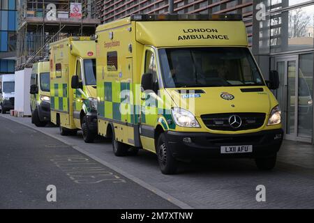 London, UK. 11th Jan, 2023. Ambulances at the The Royal London Hospital in Whitechapel east London Credit: MARTIN DALTON/Alamy Live News Stock Photo