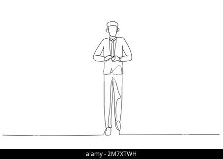 Cartoon of full body picture of businessman smiling and adjusting his suit. Single line art style Stock Vector