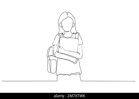 Drawing of school girl child with school bag and books. Single continuous line art style Stock Vector