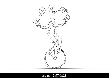 Cartoon of businesswoman riding unicycle juggling lightbulb lamp. Plenty ideas. One line art style Stock Vector