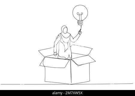 Cartoon of muslim businesswoman get out of paper box with new illumination lightbulb idea. Think outside the box. Continuous line art style Stock Vector