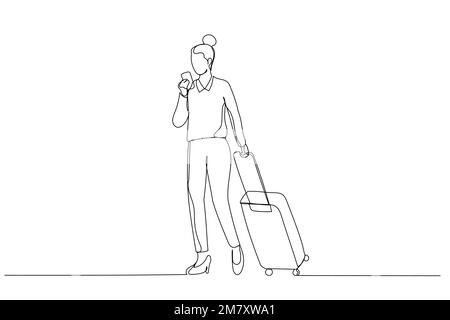 Illustration of asian businesswoman use smart phone with suitcase on her business trip. Single line art style Stock Vector