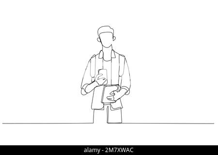 Illustration of young man having note and using phone generating ideas while surfing net. Single line art style Stock Vector