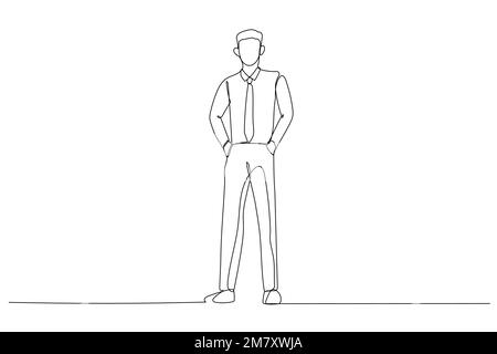 Cartoon of Full length businessman standing and posing with hands in pockets. One continuous line art style Stock Vector