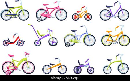 Cartoon kids bicycles. Children bikes for boys and girls, bicycle with training wheels and balance bike vector set Stock Vector