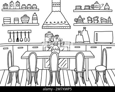 Kitchen interior vector coloring page Stock Vector
