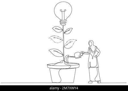 Cartoon of muslim businesswoman watering growing tree with lightbulb. People working together. Single line art style Stock Vector