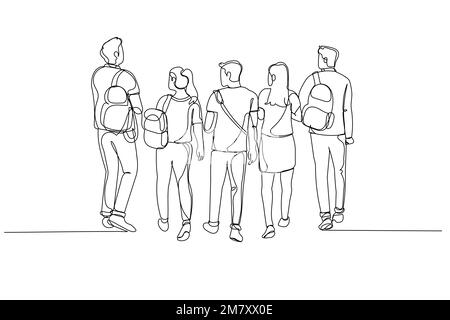 Drawing of rear view bachelor campus walking after to college building. Continuous line art Stock Vector