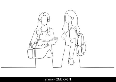 Drawing of two teen real girls in classroom want to study at university. Single continuous line art style Stock Vector