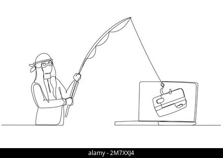 Drawing of arab businessman as cyber thief hacker try to get credit card concept of phishing. Single line art style design Stock Vector