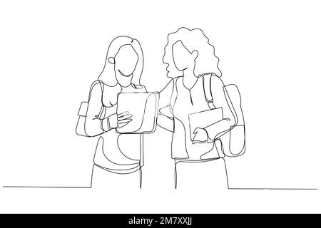 Drawing of interracial college students as friends looking at tablet computer. Continuous line art style Stock Vector