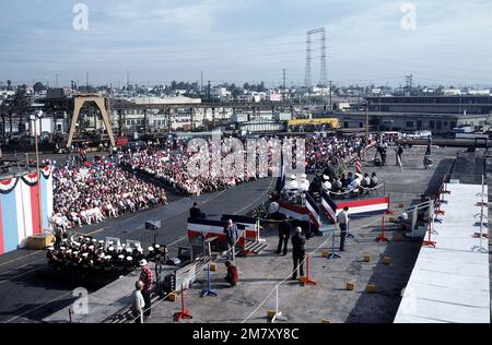 An overall view of the launching ceremony for the cable repair ship USNS ZEUS (T-ARC-7), built by the National Steel and Shipbuilding Company. Base: San Diego State: California (CA) Country: United States Of America (USA) Stock Photo