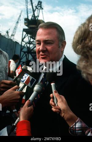 Edwin Meese III, counselor to the president, speaks at the news media the launching ceremony for the cable repair ship USNS ZEUS (T-ARC-7). The ship was built by the National Steel and Shipbuilding Company. Base: San Diego State: California (CA) Country: United States Of America (USA) Stock Photo